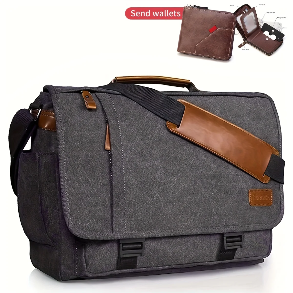 Crazy Horse Leather Men's Crossbody Briefcase Canvas Splashproof Workwear Messenger Bag Computer Tote