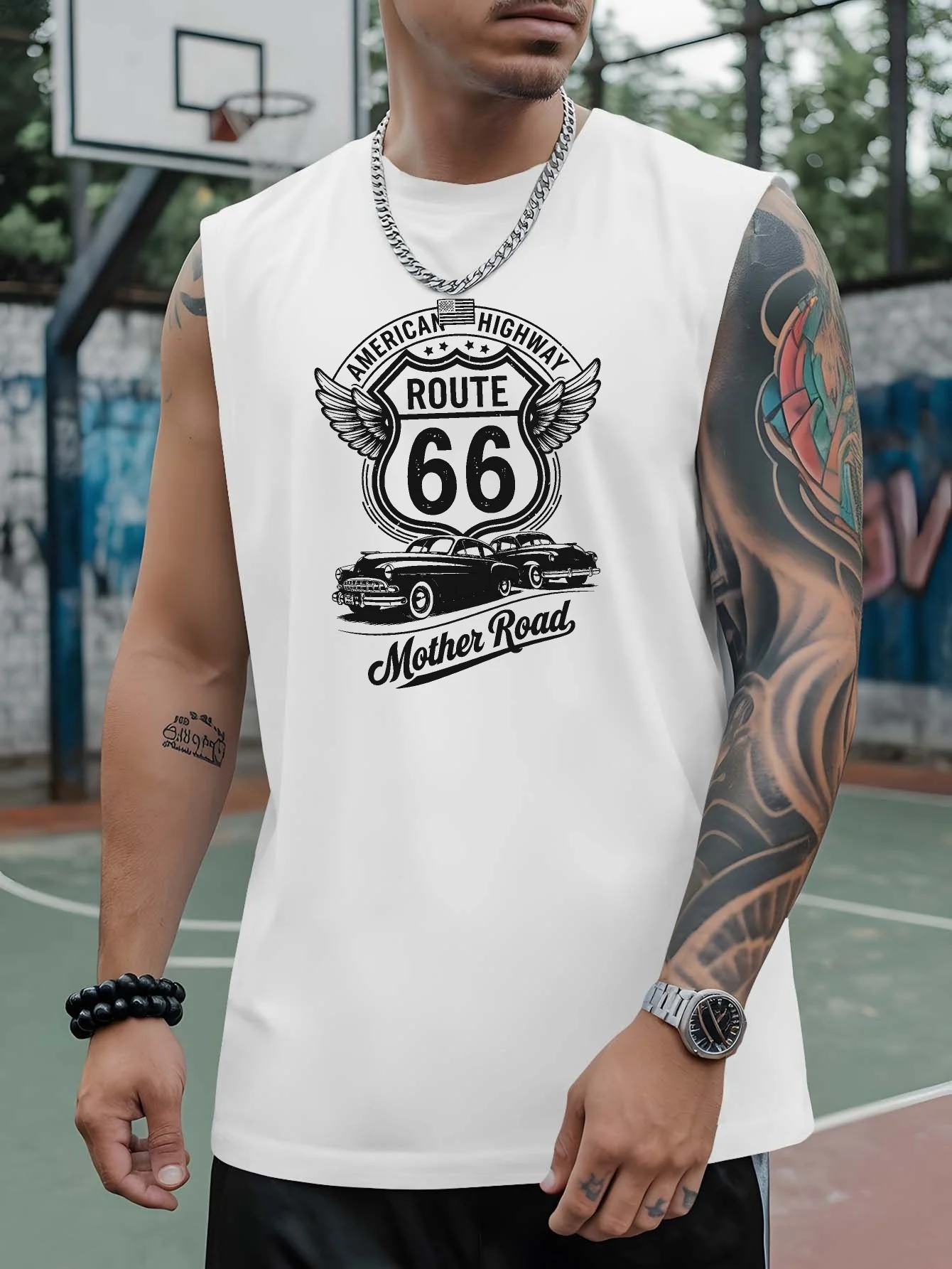 Summer 100% Pure Cotton Men's Fashionable Casual Loose Mother's Road 66 Pattern Printed Fitness Sports Sleeveless Vest