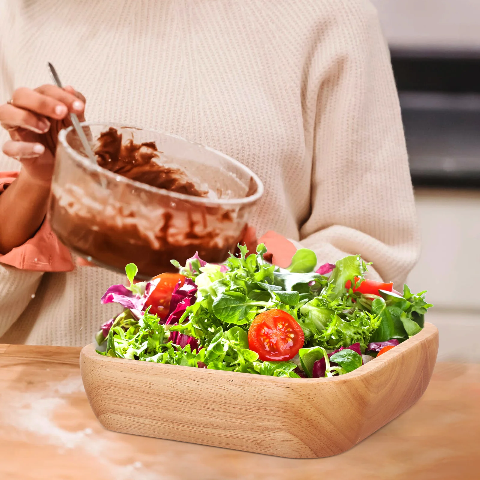 

Premium Wooden Bowl Square Shape Smooth Easy Clean Stain Resistant Simple Design Home Restaurant Use Salad Fruit Snack