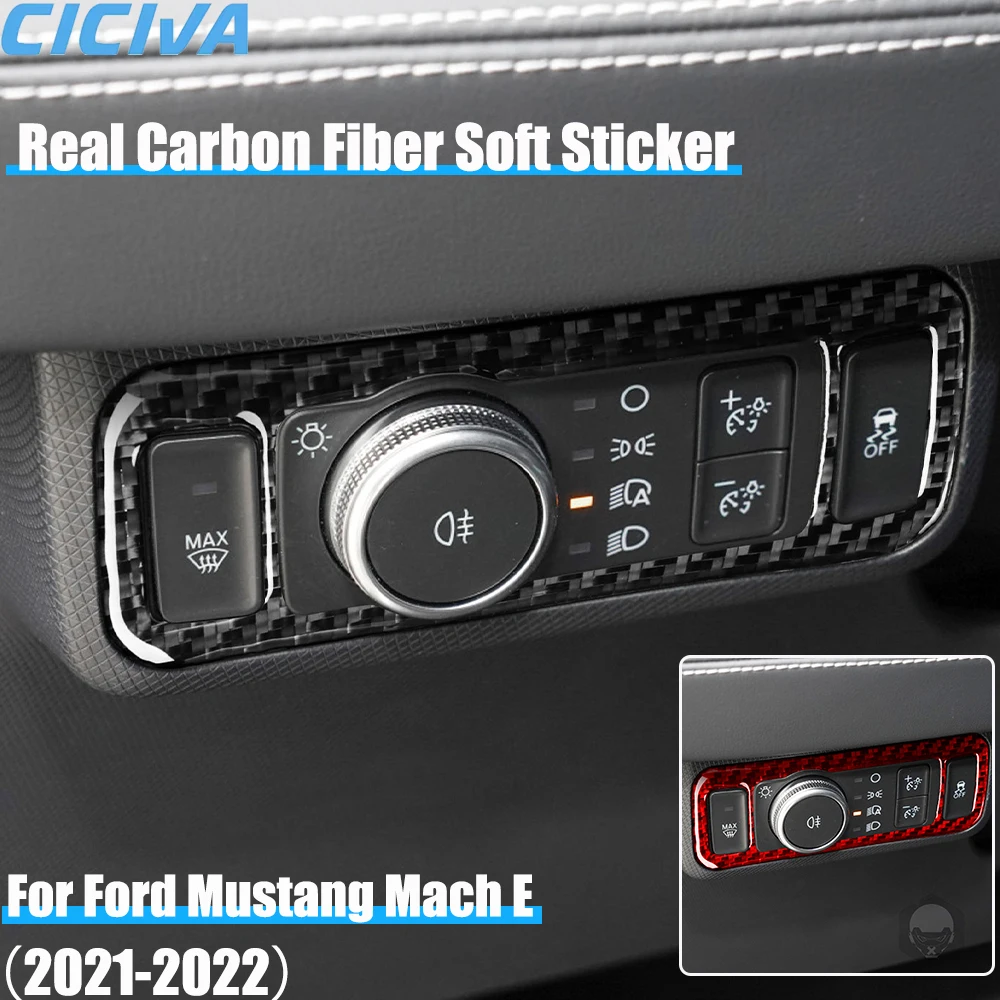 

Real Carbon Fiber Car Accessories Headlight Switch Frame Decorative Trim Cover Soft Sticker For Ford Mustang Mach E 2021 2022
