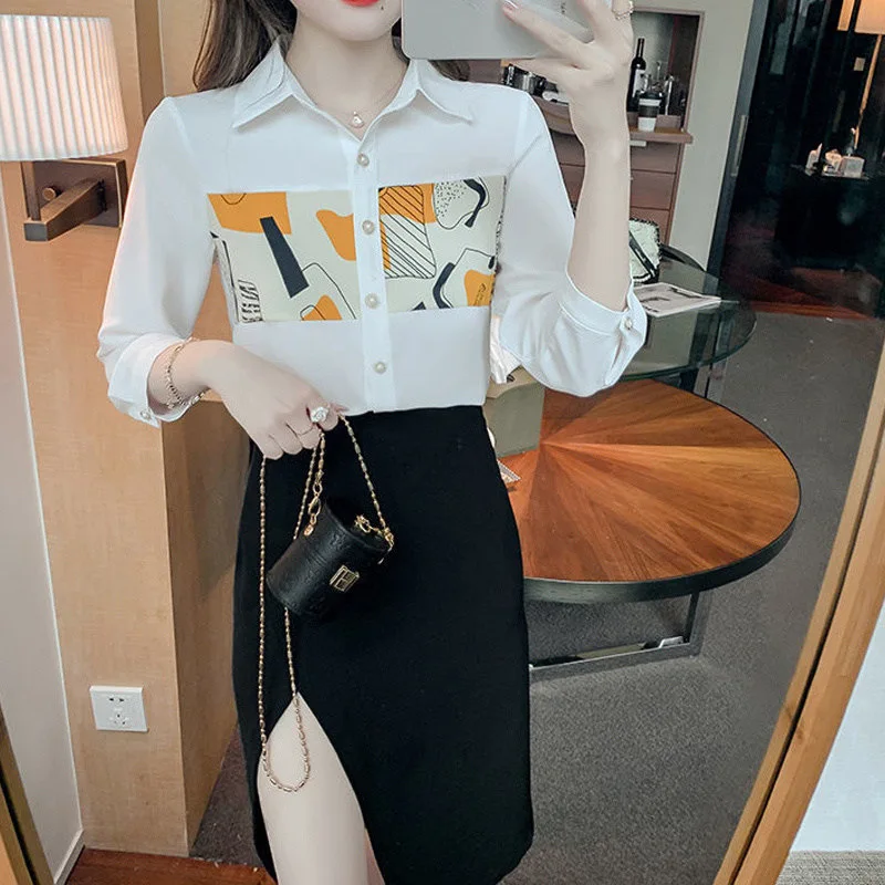 Elegant Fashion Simple Printed Patchwork Three-quarter Sleeve Chiffon Blouse Top Women Casual Button Up Office Lady Shirt Blusas