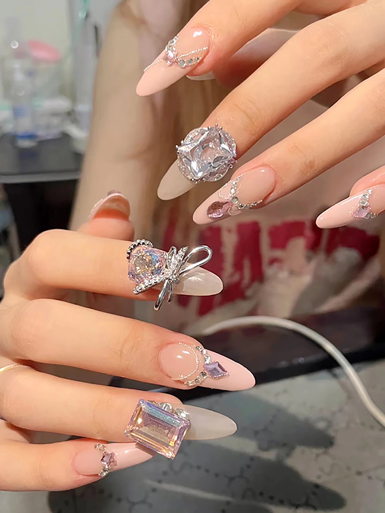 10pcs Nail Art Nail Charm Nail Accessories Luxury Exquisite Style Bow Love tassel Pendant Pink Shining Nail Gem DIY Accessories