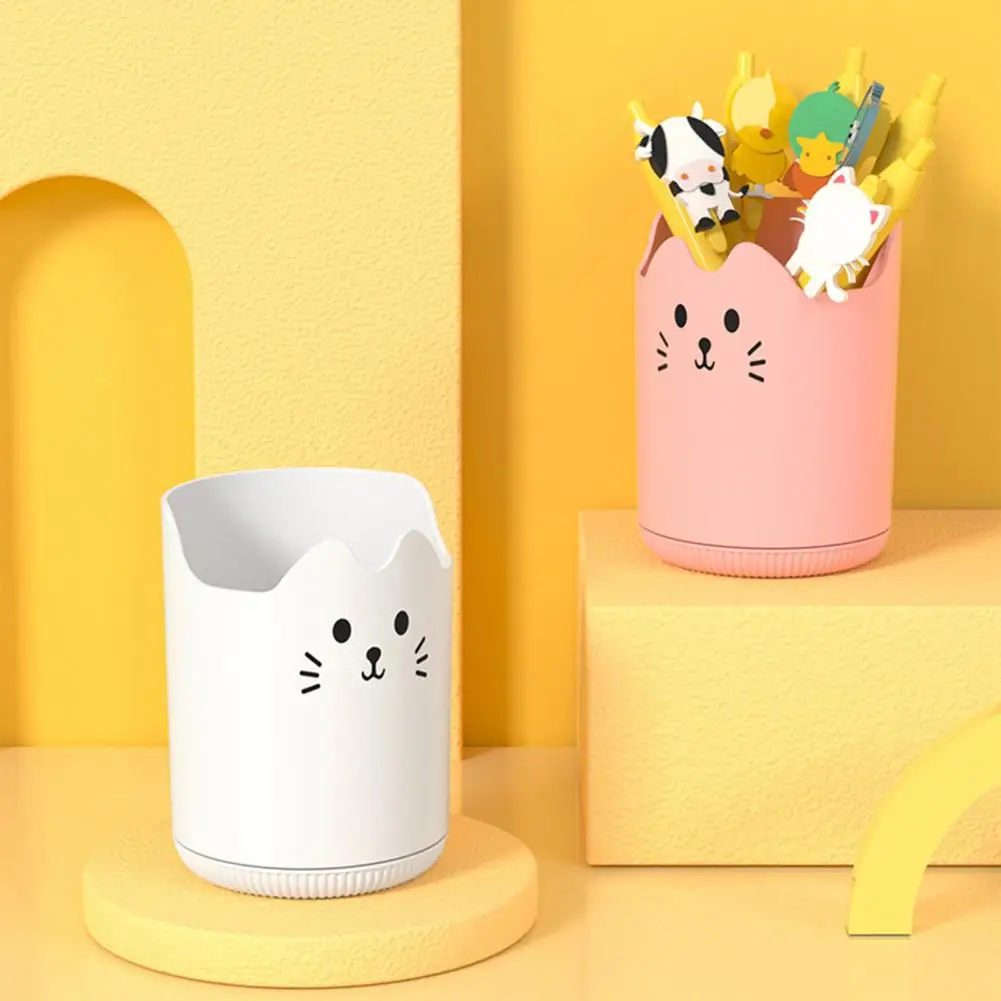 Rotating Pen Holder High-capacity Desk Organizer Cat Pattern Desk Organizer with 360 Degree Rotation Capacity Pen for Office