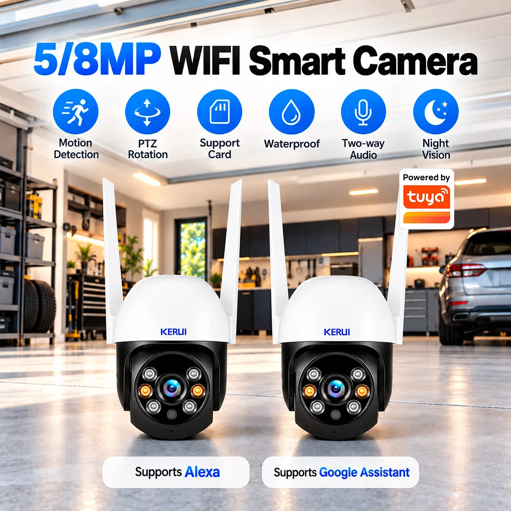 KERUI 5MP/8MP HD Outdoor CCTV Camera PTZ IP Camera Support Onvif Wireless Works with Tuya Smart Video Surveillance Home Security