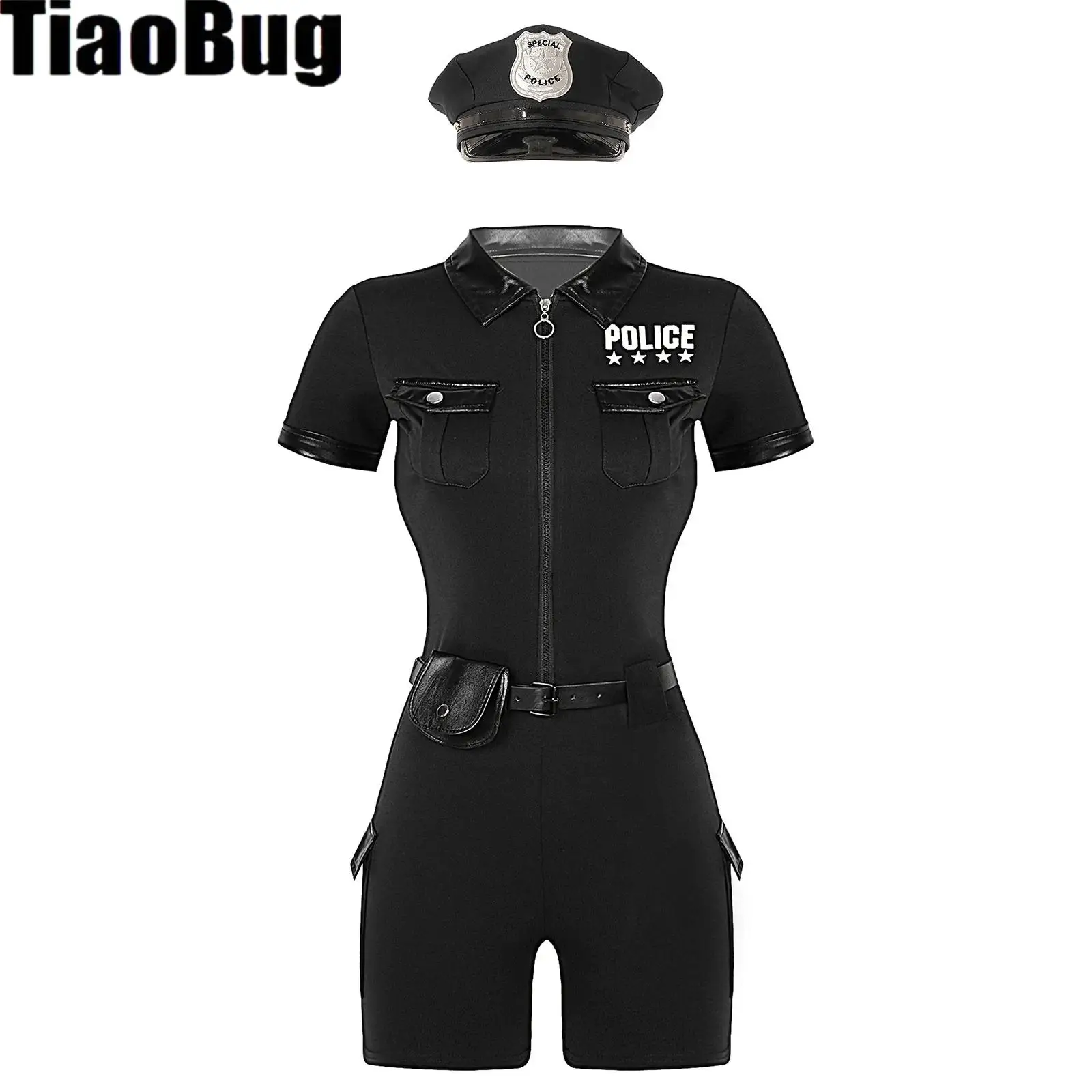 

Women Policewoman Role Play Jumpsuit Set Zipper Short Sleeve Jumpsuit with Belt Purse Hat Lingerie Uniform