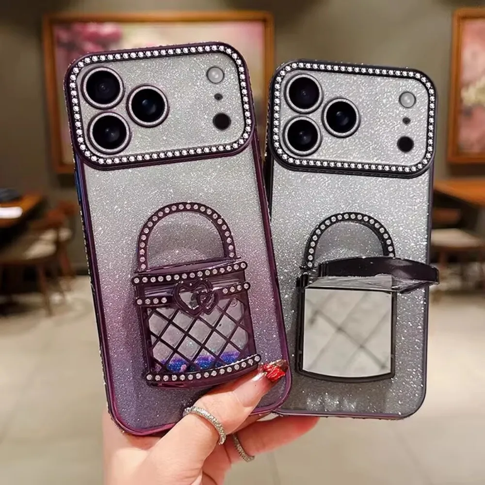 

For iPhone17/15/14/13/12promax Rhinestone Phone Case Makeup Mirror Holder Quicksand Glitter Case