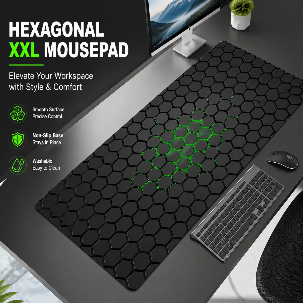 Hexagonal XXL Mousepad, Smooth & Non-Slip Office Carpet Mat, Washable Desk Pad for Computer, Laptop, Gamer Keyboard
