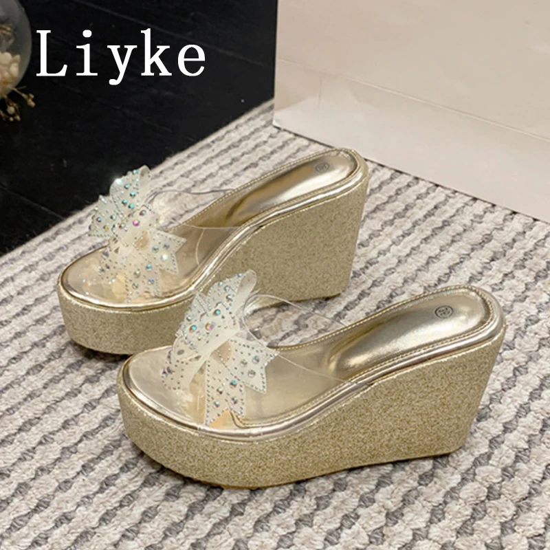 Liyke PVC Transparent For Women Golden Silver Sequined Platform Slippers Crystal Bowknot Ladies Sandals Wedge High Heels Slides