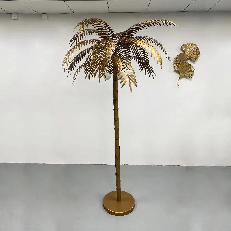 

High Quality Room Nordic Station Light Unique Light Emitting Diode Tree Shape Golden Yellow Copper Leaf Palm Tree Floor Lamp