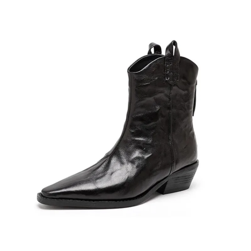 

Pointed Toe Women Western Cowgirl Boots Fashion Slip on Chelsea Booties Retro Style Autumn Female Thick Heel Shoes Heel Boots