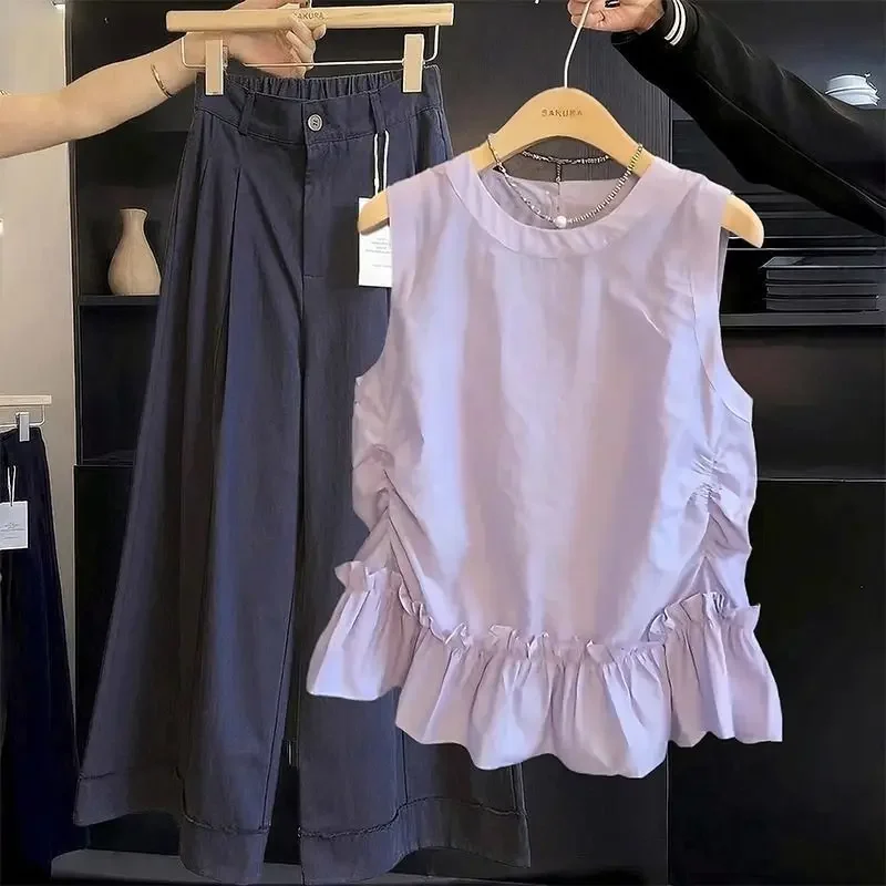 

Красивая женская одежда, летняя модная повседневная однотонная женская одежда с оборками и круглым вырезом, универсальная, простота, элегантная, тонкая, без рукавов