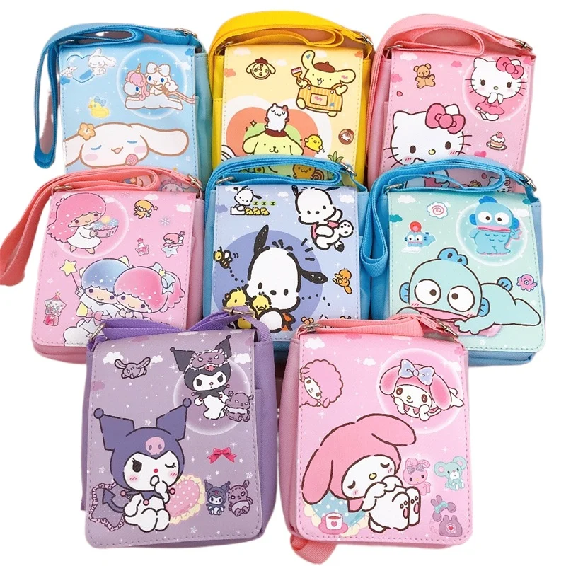 

Кошельки Sanrio для девочек, водонепроницаемая сумка через плечо из искусственной кожи с героями мультфильмов, квадратная дорожная сумка Kuromi для хранения, чехлы для сообщений Hello Kitty