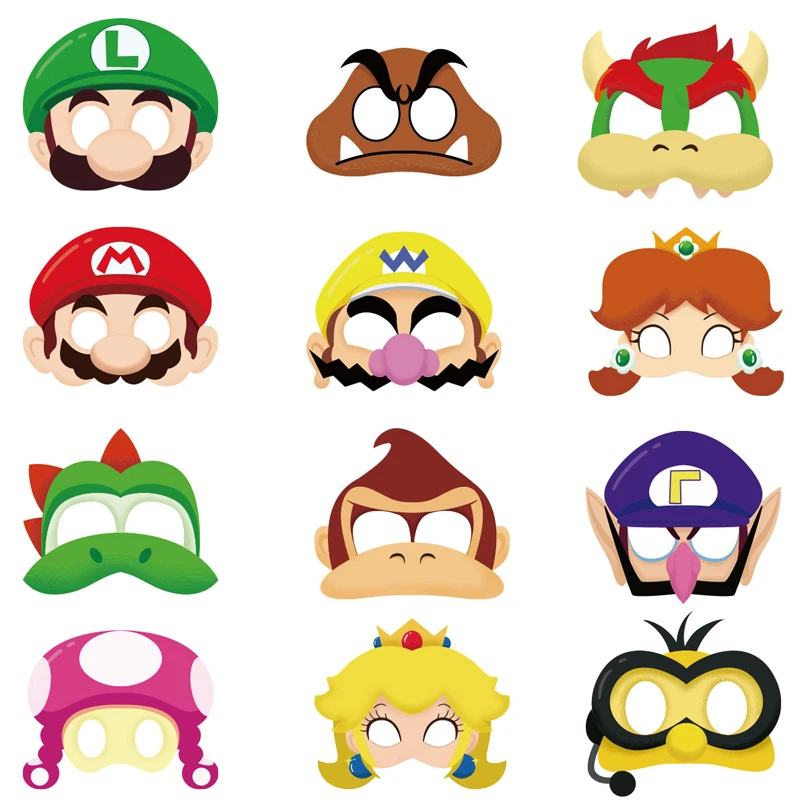 12pcs/set Super Mario Bros Felt Mask Luigi Yoshi Peach Bowser Cosplay Halloween Christmas Birthday Party Decoration Kids Gift