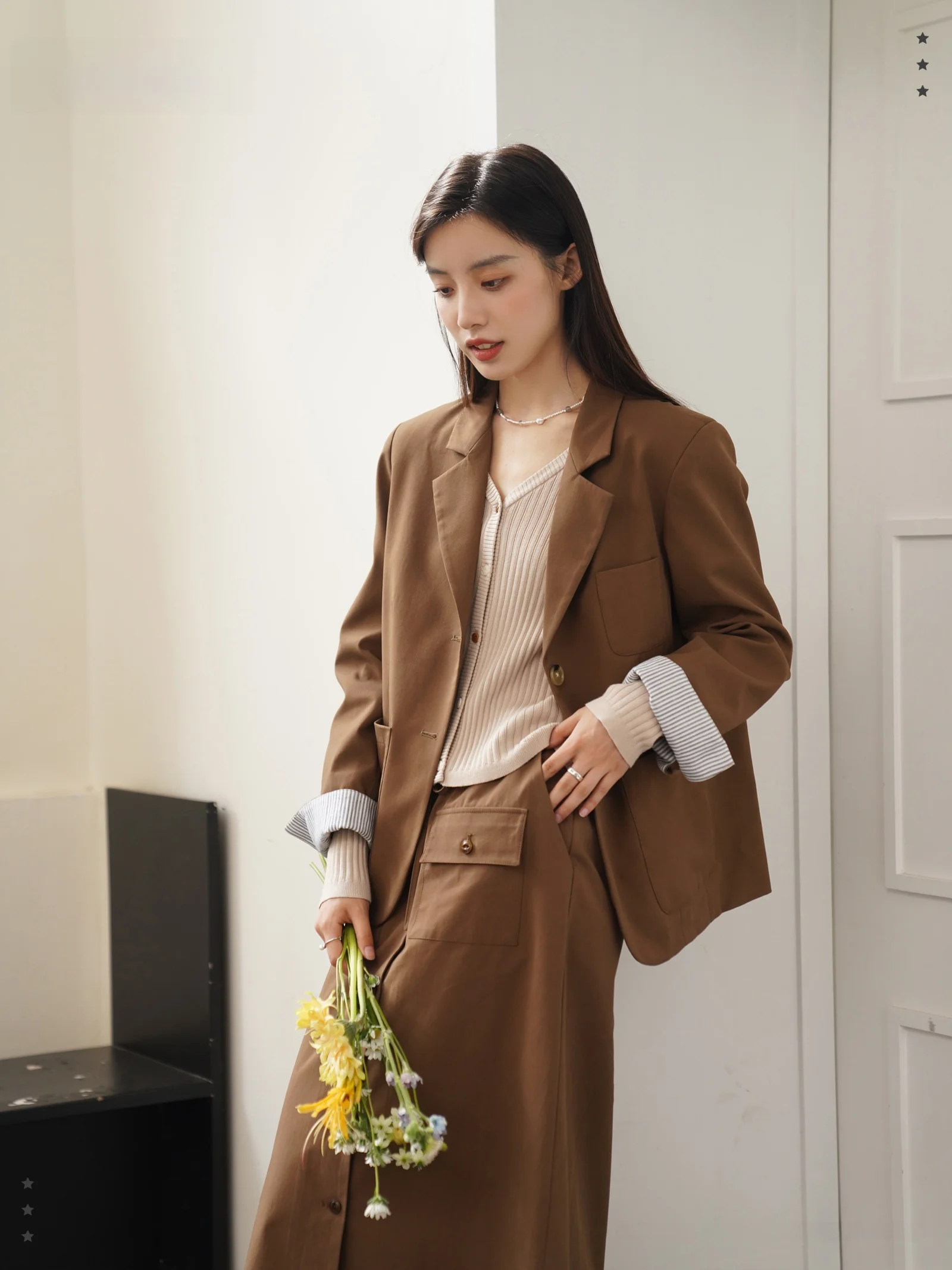 

Костюм-двойка Botanique: винтажный комплект с юбкой и пиджаком цвета осеннего каштана для женщин, из полиэстера, для офиса, с длинными рукавами