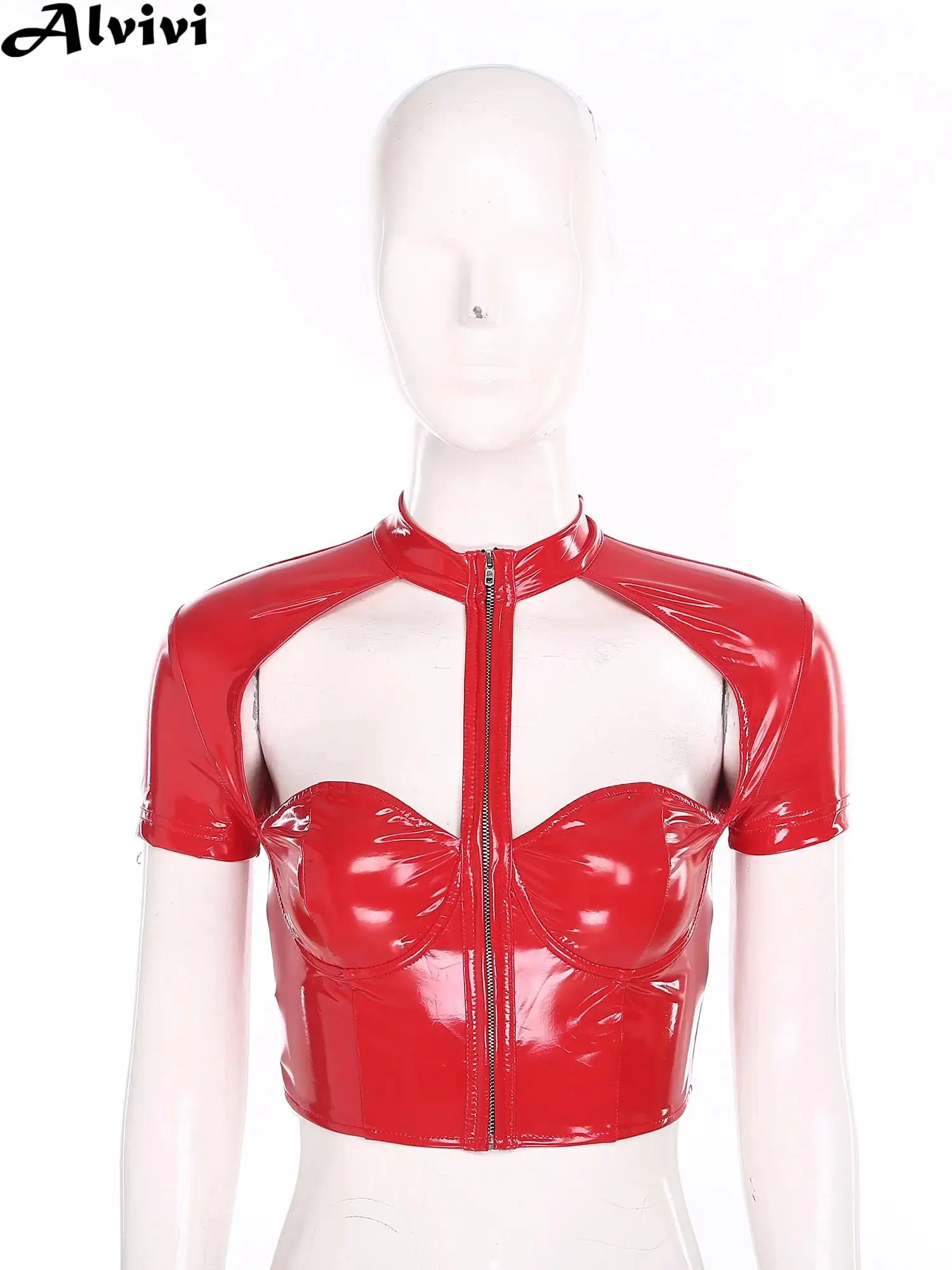 Women Wet Look PU Crop Top Pole Dance Costume Short Sleeve Push Up Underwire Tops Rave Party Nightclub Music Festival Costume