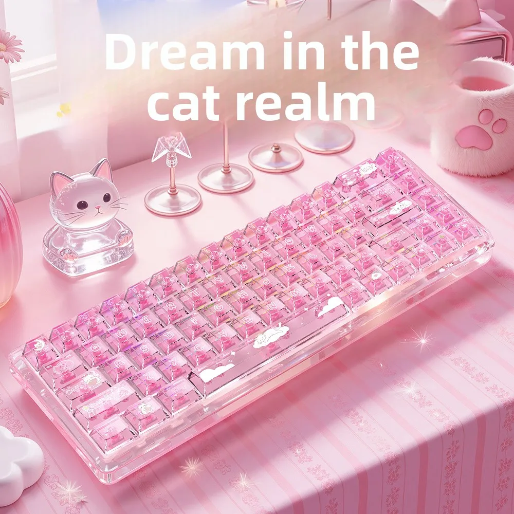 

Dream in Cat Realm PC Full Transparent Pink Keycaps High Light Transmission Cute Design Dye-Sublimation Universal Fit for Me