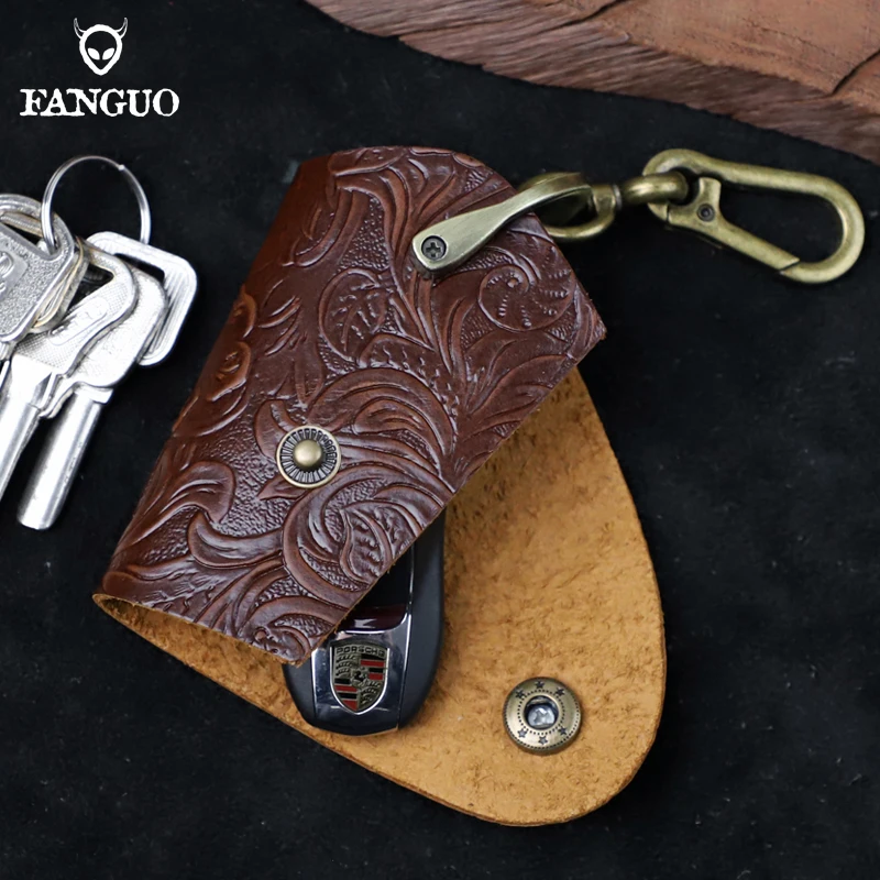 حقيبة مفاتيح ذكية للسيارة من الجلد الطبيعي بتصميم عتيق مع خطاف حامل مفاتيح مدبرة منزل من جلد البقر المحمول للرجال والنساء