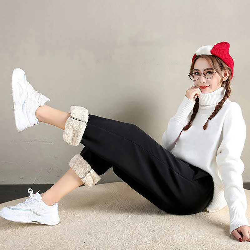 Winter Lambswool Warm Casual Pants Winter Fleece Lined Sweatpants High Waist Stretchy Thick Warm Thermal Pants