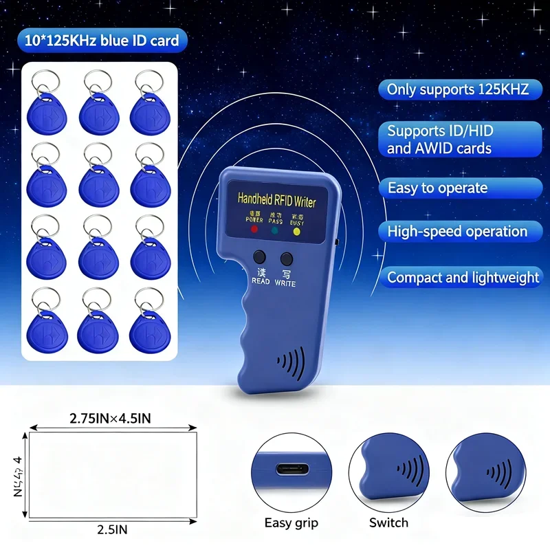 EM Handheld RFID Copier Card Reader Writer Duplicator Programmer Support EM5200 4100 EM4305/ T5577 Rewritable 125Khz Keyfob tag