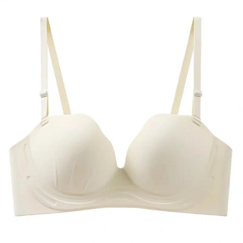 ملابس داخلية نسائية نصف كوب بدون ندبات مجمعة مع ثديين صغيرين، تظهر دعامة علوية كبيرة بدون حلقات فولاذية، ثديين، مضادة