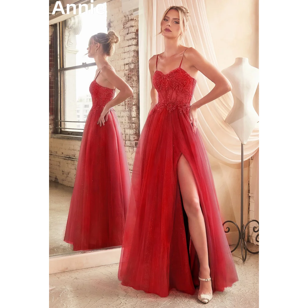 

Annie Red Embroidery Prom Dresses Glitter Tulle Side Slit Bridal Evening Dresses Formal Occasions Dresses Vestidos De Noche2024