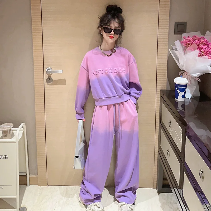 New Girls Contrast Tie Dye Alphabet Sweatshirt+Drawstring Sweatpant Sets School Kids 2PC Tracksuit Children Jogging Outfits  123