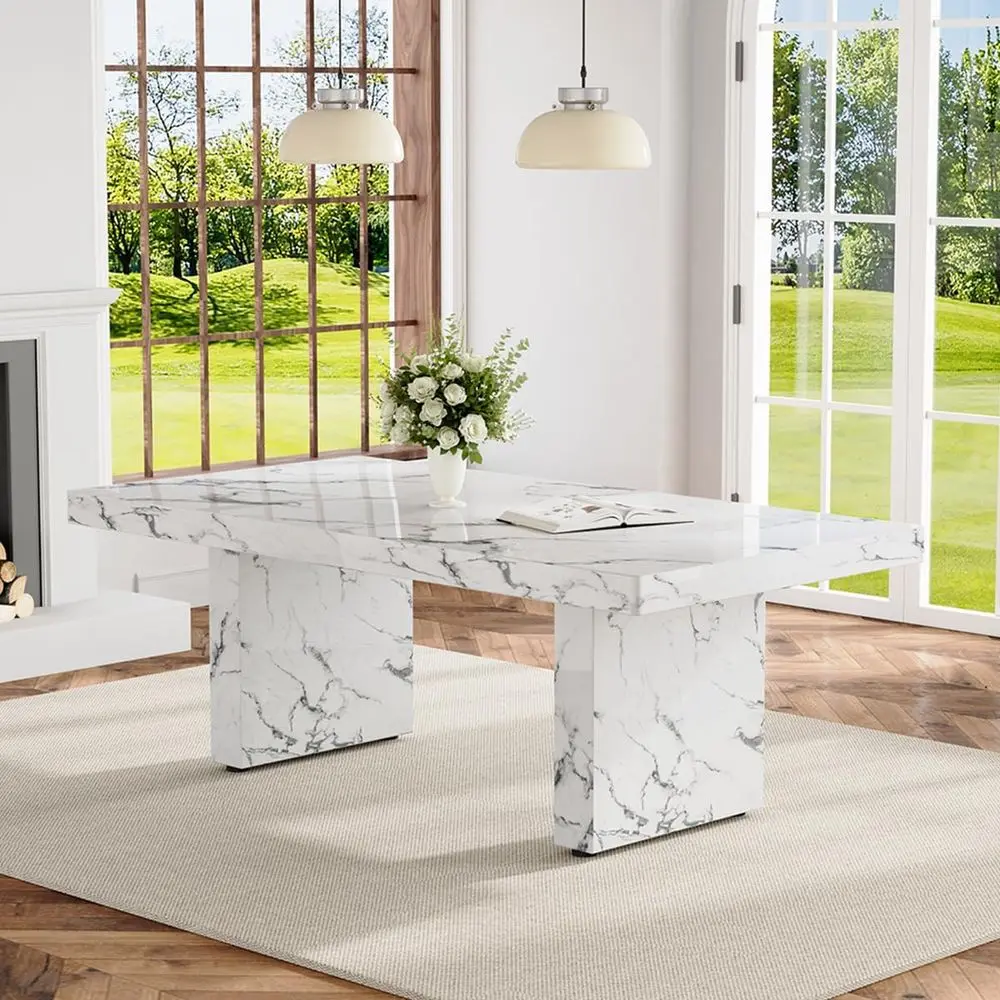 

Elegant 79 Marble Dining Table or 6-10 Seater, 3.5 Thick Marble Top with Durable MDF Base, Modern White Dining Table for Dining,