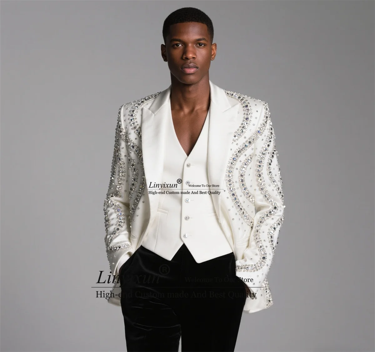 

Elegant Stone Crystals Tuxedos Men Suits Customized Slim Fit Costume Homme Marrige 3 Pieces Sets Groom Wedding Party Ropa Blazer