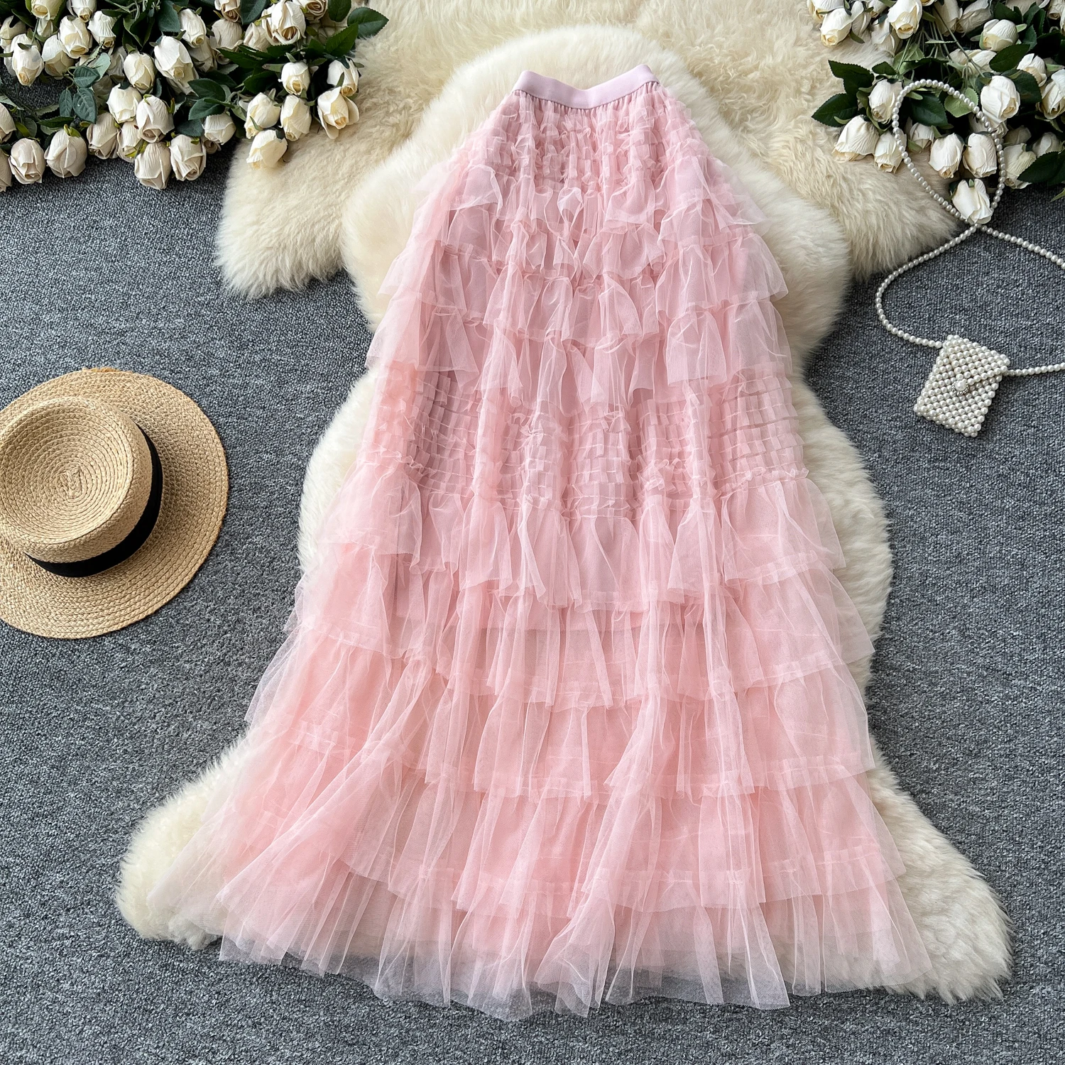 

Women Elegant Chic mesh Edible Tree Fungus Sexy Skirt Elastic High Waist Korean Fashion Vintage A-line Skirt Slim Clothing
