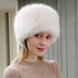 Fashion Women Bucket Hat Flat Top Fox Fur Plush Winter Hat Warm Thickened Ear Protection Windproof Outdoor Hats for Women