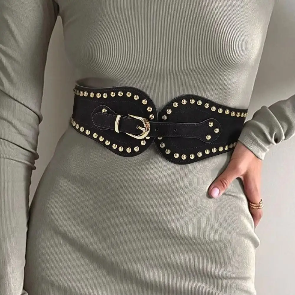 Fashion Adjustable Suede Rivet Belt Spicy Girl PU Leather Elastic Cummerbunds Body Shaping Elasticity Wide Waistband Ladies