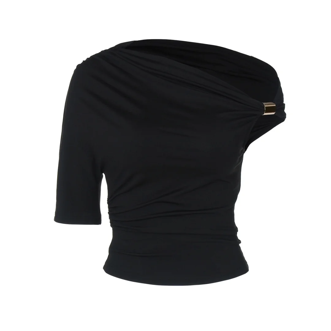 تي شيرت ضيق بأكمام واحدة بلون سادة بدون أكتاف غير متماثل ومطوي للنساء