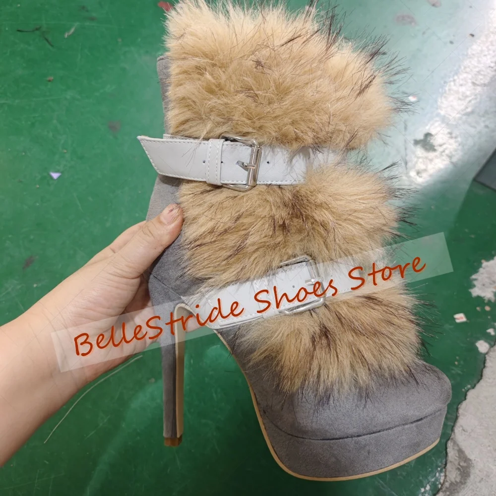 

Grey Fur Decor Round Toe Platform Boots Buckle Decor Women Shoes Thin High Heels Party Banquet Dating 2025 Zapatos Para Mujere