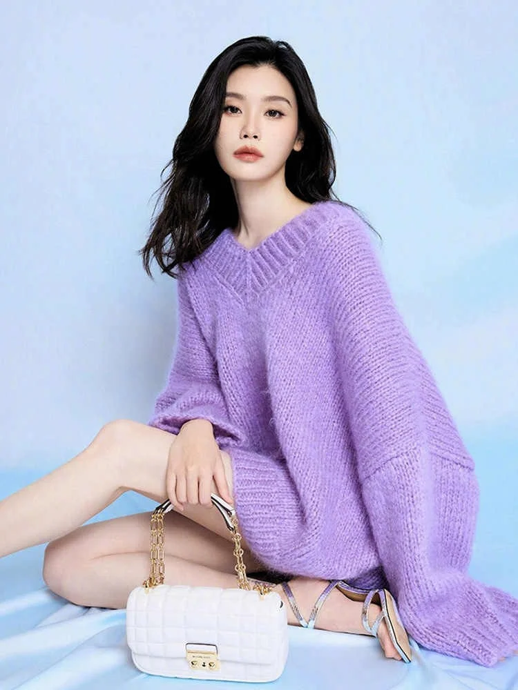 High-grade sense 100% sweater women's autumn and winter loose V-neck purple sweater sweater