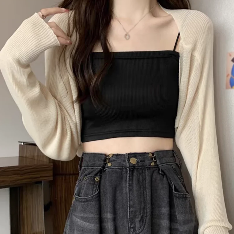 Summer Women Cardigan Solid Color Thin Ice Silk Knit Sunscreen Casual Versatile Shawl Cover-up Cropped Short Small Shoulder Top