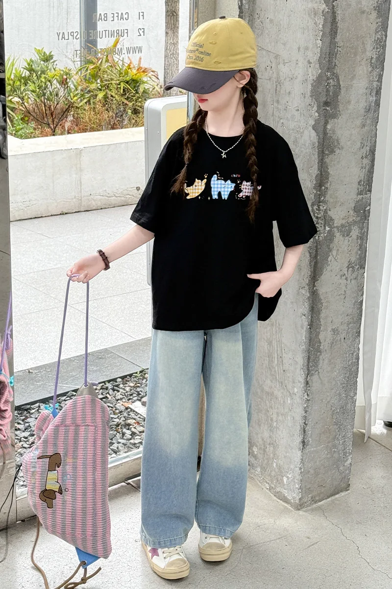 Mädchen T-Shirt Sommer 2026 Süßer Niedlicher Cartoon-Katzen-Druck Schwarzes Kurzarm-Oberteil Lässige Kinderkleidung – Detail 11