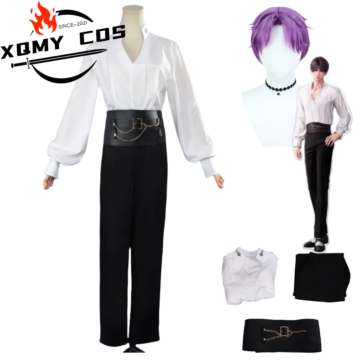 

XqAnime Game Love and Deepspace Rafayel Cosplay Costume White Long Sleeves Shirt Uniform Full Set Wig Man Halloween Suit