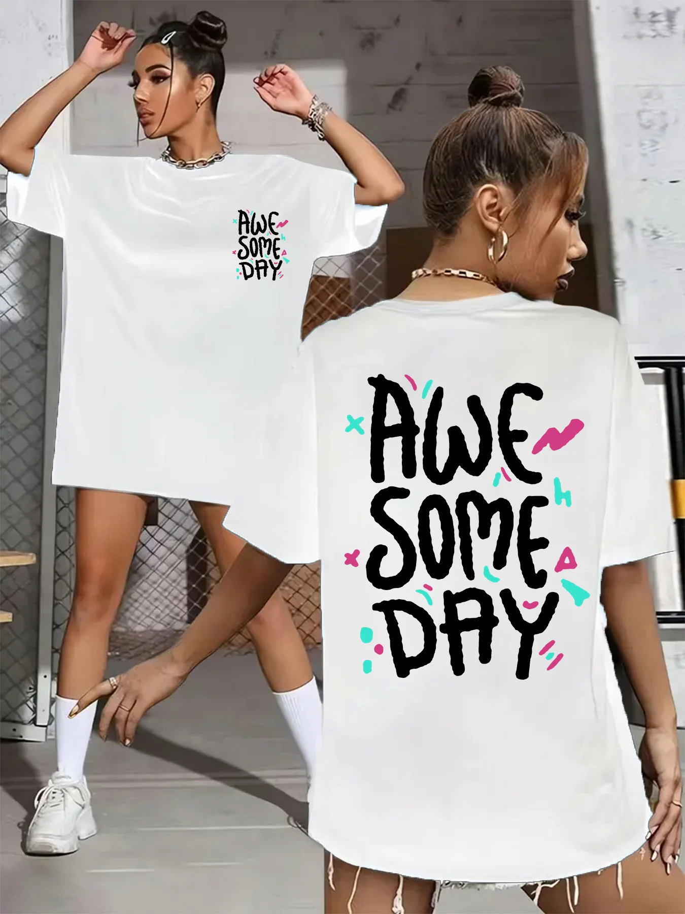 Summer Women's Plus Size T-Shirt Original Design Fashion Letter Awesome Day Printed Women's Casual Round Neck Short Sleeved Tops