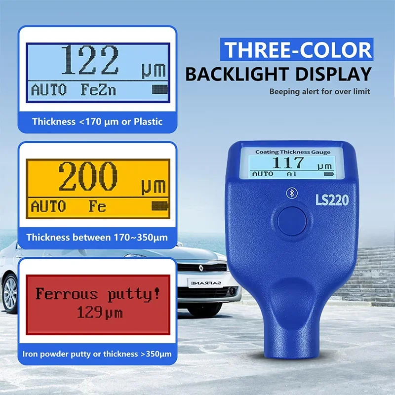 LS220 Paint Coating Thickness Tester 0-3500μm 0.1μm Fe NFe Probe Gauge for Auto Car Paint Film Thickness Gauge -20℃ LCD Screen