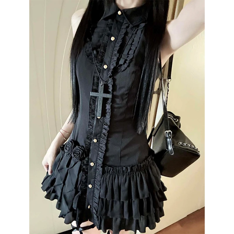 Vintage Black Mini Dress Women Y2K Harajuku Ruffles Patchwork Dresses Summer Gyaru Japanese Gothic Sleeveless Bodycon Vestidos