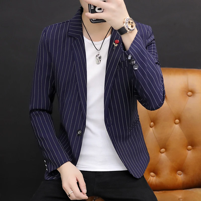 

Мужская приталенная повседневная полосатая куртка на весну и осень, модная тонкая корейская версия для молодых взрослых, длинный све