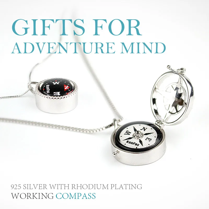 

S925 Sterling Silver Rhodium plating compass necklace / Luxury working Compass Pendant Outdoor tools