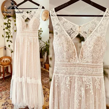 Praia sem mangas com decote em v rendas apliques boho sem costas vestido de noiva 2025 vestido de casamento personalizado feminino robe mariage femme