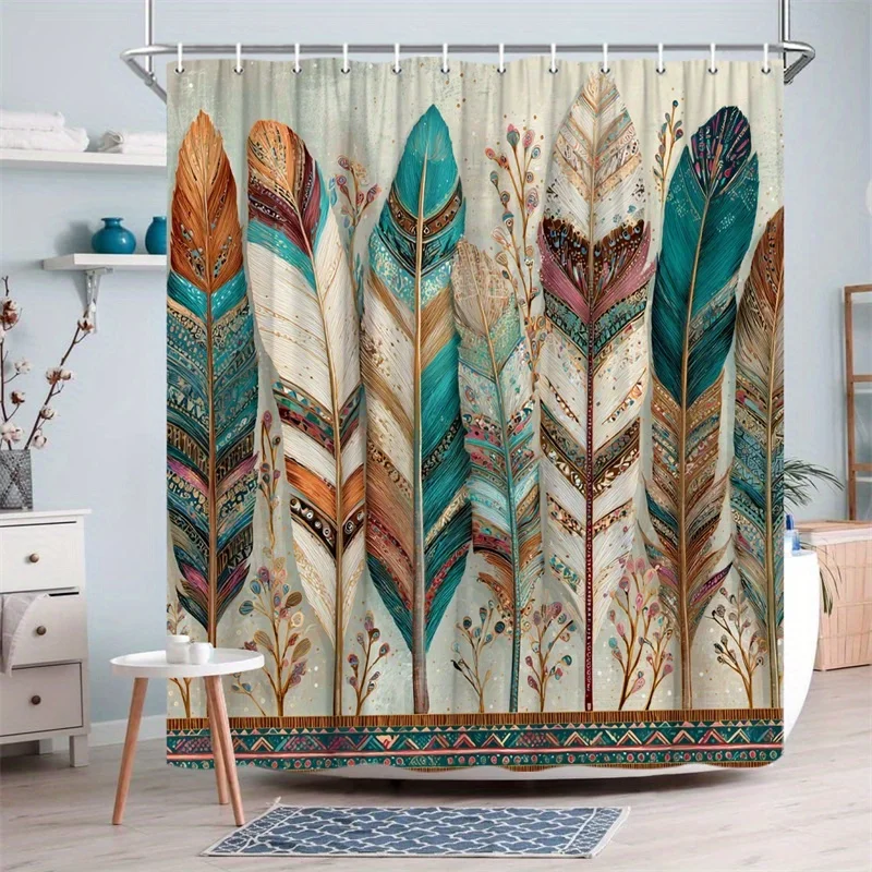 Boho Feather Shower Curtain - Vintage Tribal Pattern, Retro Aztec Bird Plume Print, Waterproof Fabric Bathroom Decor