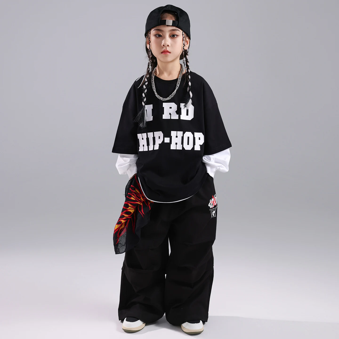 新しい子供社交ヒップホップダンス衣装女の子のためのルーズシャツ黒パンツストリートウェア男の子ジャズパフォーマンススーツ DQS21217