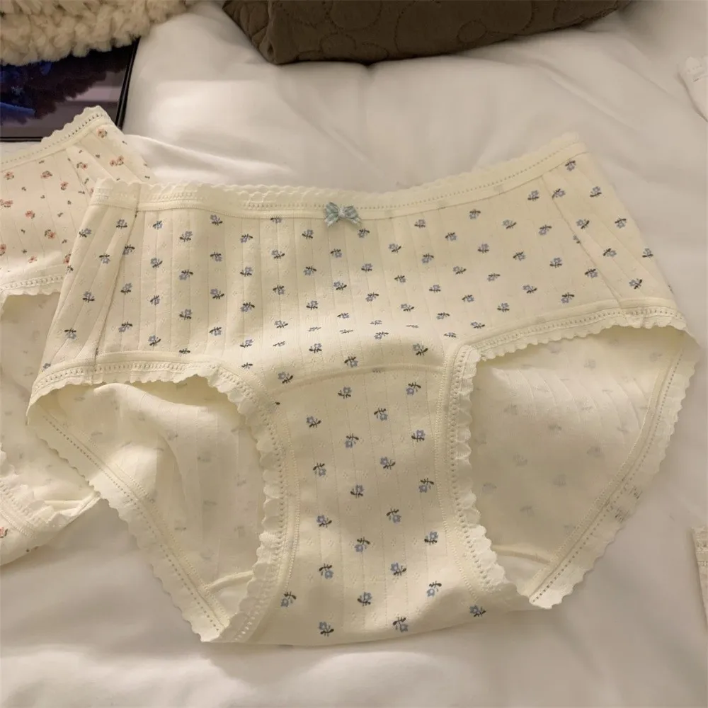 

Breathable Mid-waist Underwear for Women Bear Grid Sweet Floral Panties Bow Underpants Cotton Briefs Female