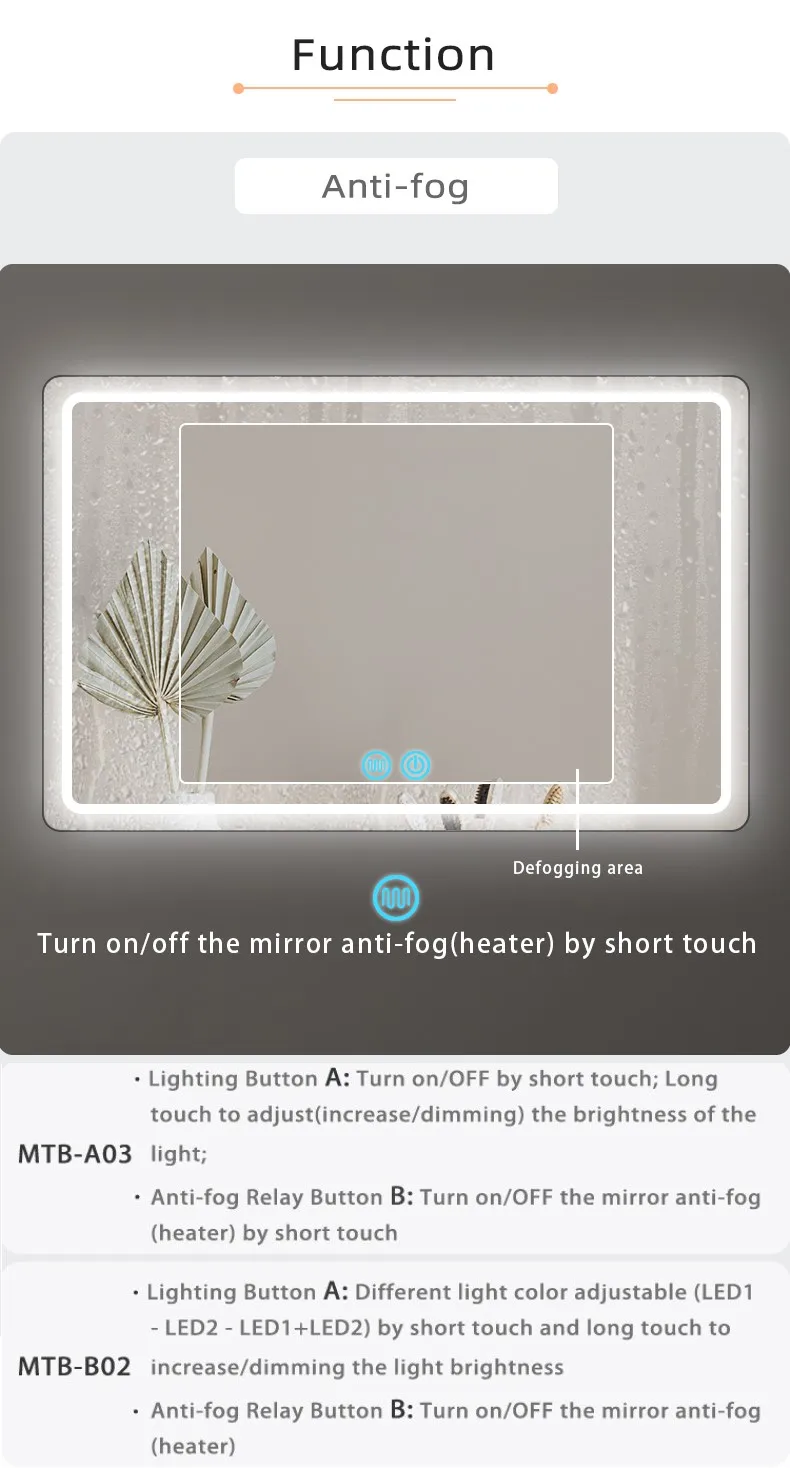 Badezimmer-Smart-Spiegel Touch-Schalter DC12V, Doppelknopfsteuerung für Entnebelungspad und LED-Licht Touch-Schalter, mit Dimmfunktion – Detail 7