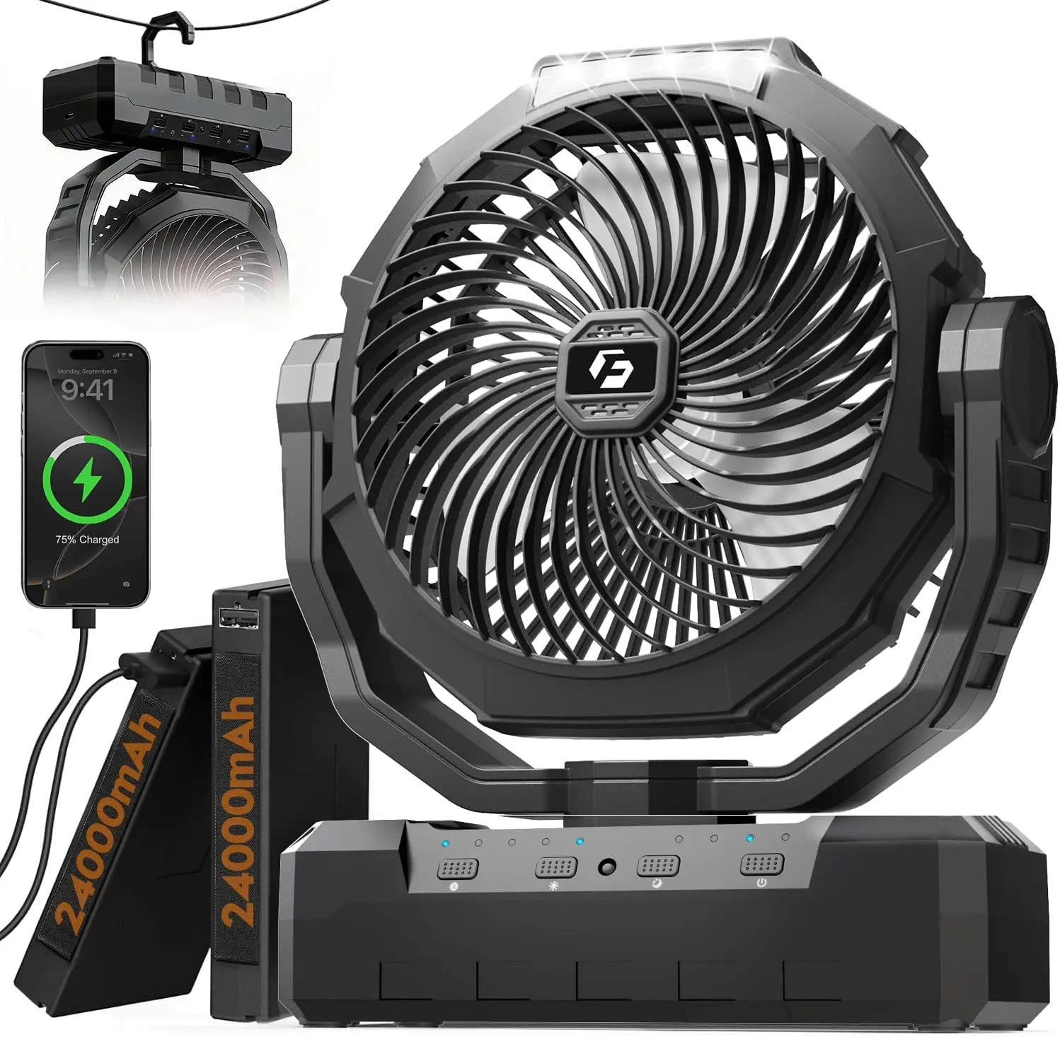 

Rechargeable 48000mAh 3-in-1 Detachable Camping Fan with Light and Hook, Battery-Powered Portable Fan for Outdoor, Indoor, Tent, Fishing, Travel, Hurricane, Ideal Summer Gift for Men, Black