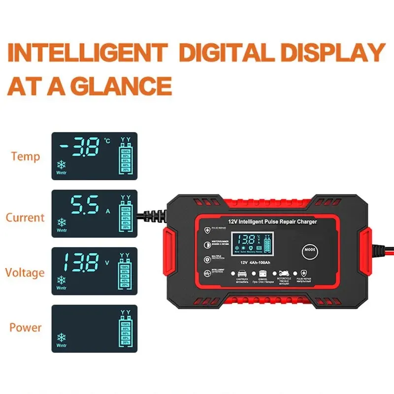 Cargador de batería para coche y motocicleta, pantalla Digital adecuada para baterías de plomo ácido, enchufe de la UE, protección inversa, 12V, 6A, 1 Juego