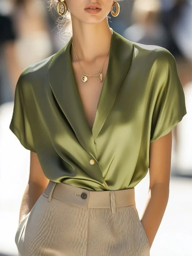 

Freeacy 2025 Solid Color Satin Shirt Deep V-neck Short Sleeves Elegant Blouse for Office Ladies Summer Fashion Commuter Tops